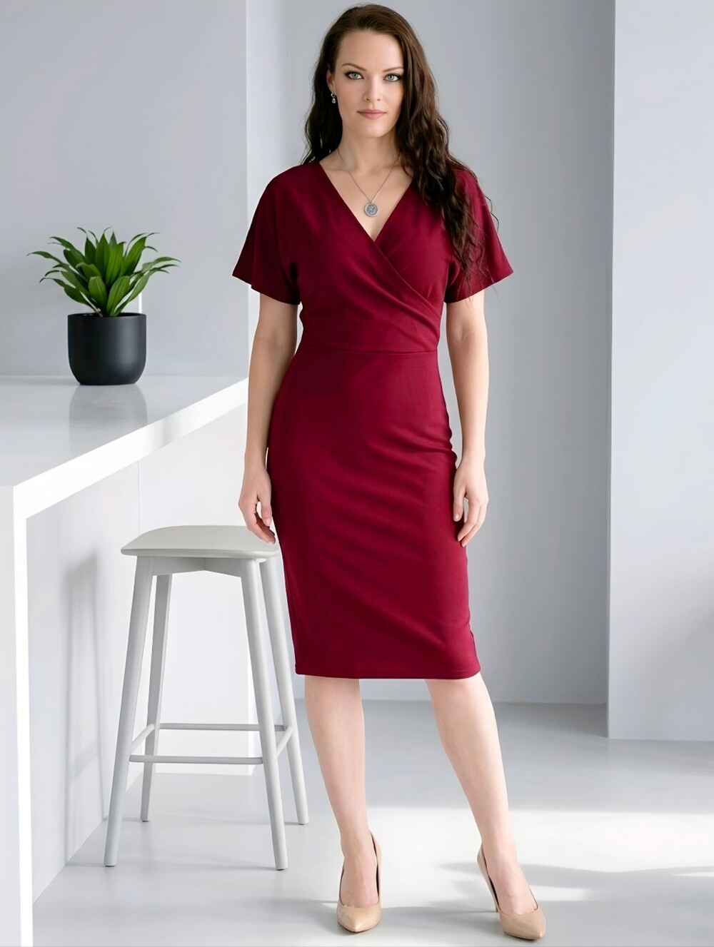 Lulus ✦ Burgundy Wrap Midi Dress ✦ Split Sleeve V-Neck Cocktail Formal Wear M